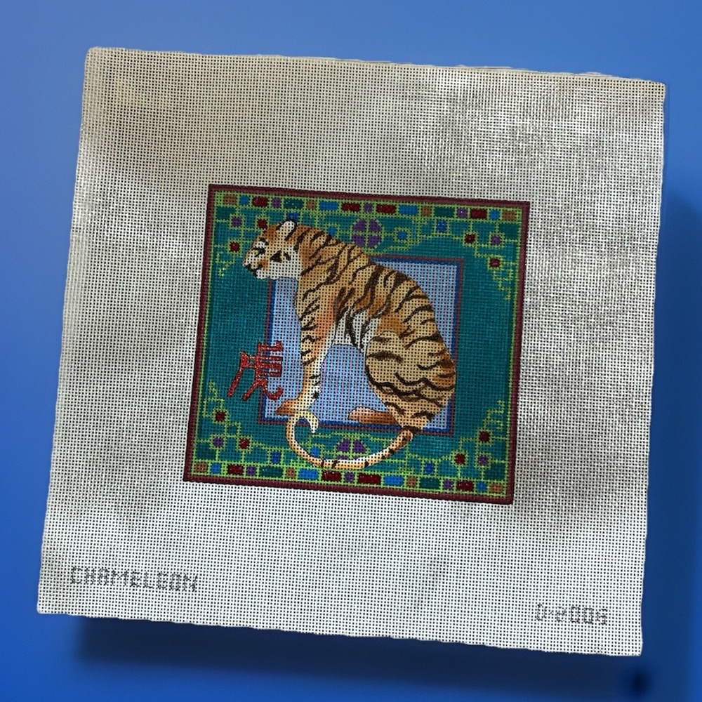 Chameleon Handpainted Needlepoint Canvas Tiger Teal Klimt like background 18ct